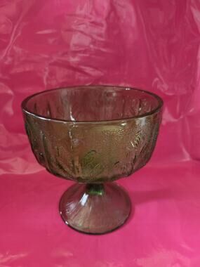 VTG FTD 1978 Green Glass Avocado Oak Leaf Pedestal Depression Bowl Dish